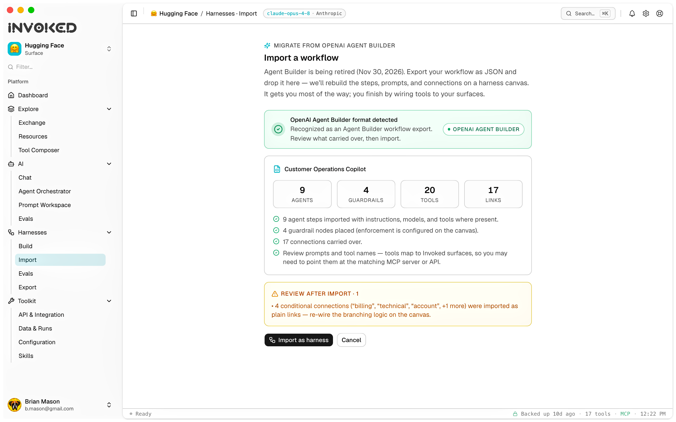 Invoked detects the OpenAI Agent Builder format before importing, mapping agents, guardrails, tools, and connections onto a harness canvas